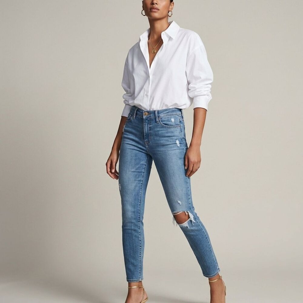 FRAME Le Skinny de Jeanne Crop Size 27 Distressed Medium Wash Skinny Jeans Y2K